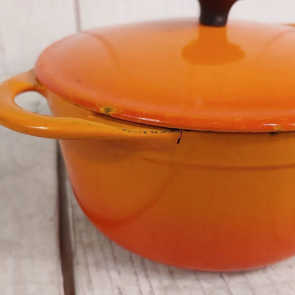 VINTAGE Cousances #16 ENAMELED Cast Iron Sauce Pan - Pot Orange w/ Lid - France
